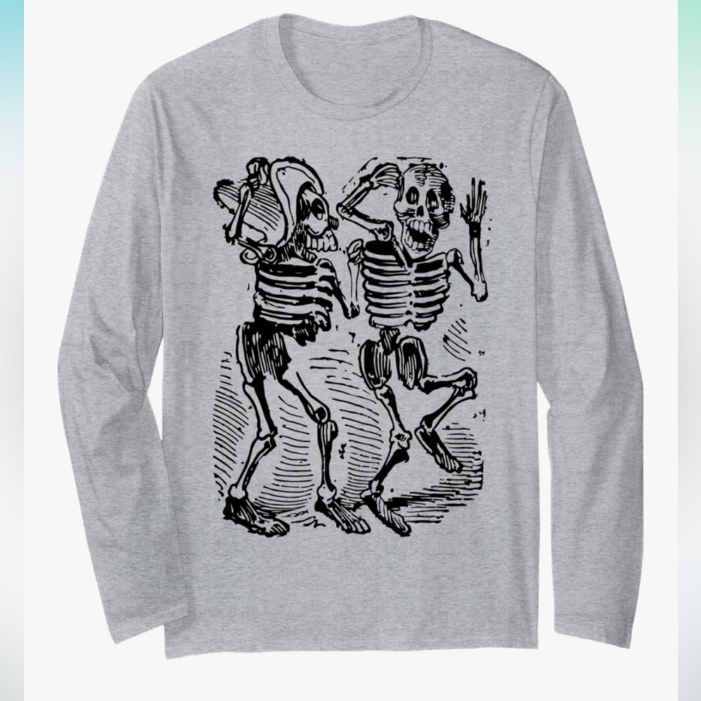 Day of the Dead Dancing Skeletons Graphic Long Sleeve Shirt in Heather Grey NWOT